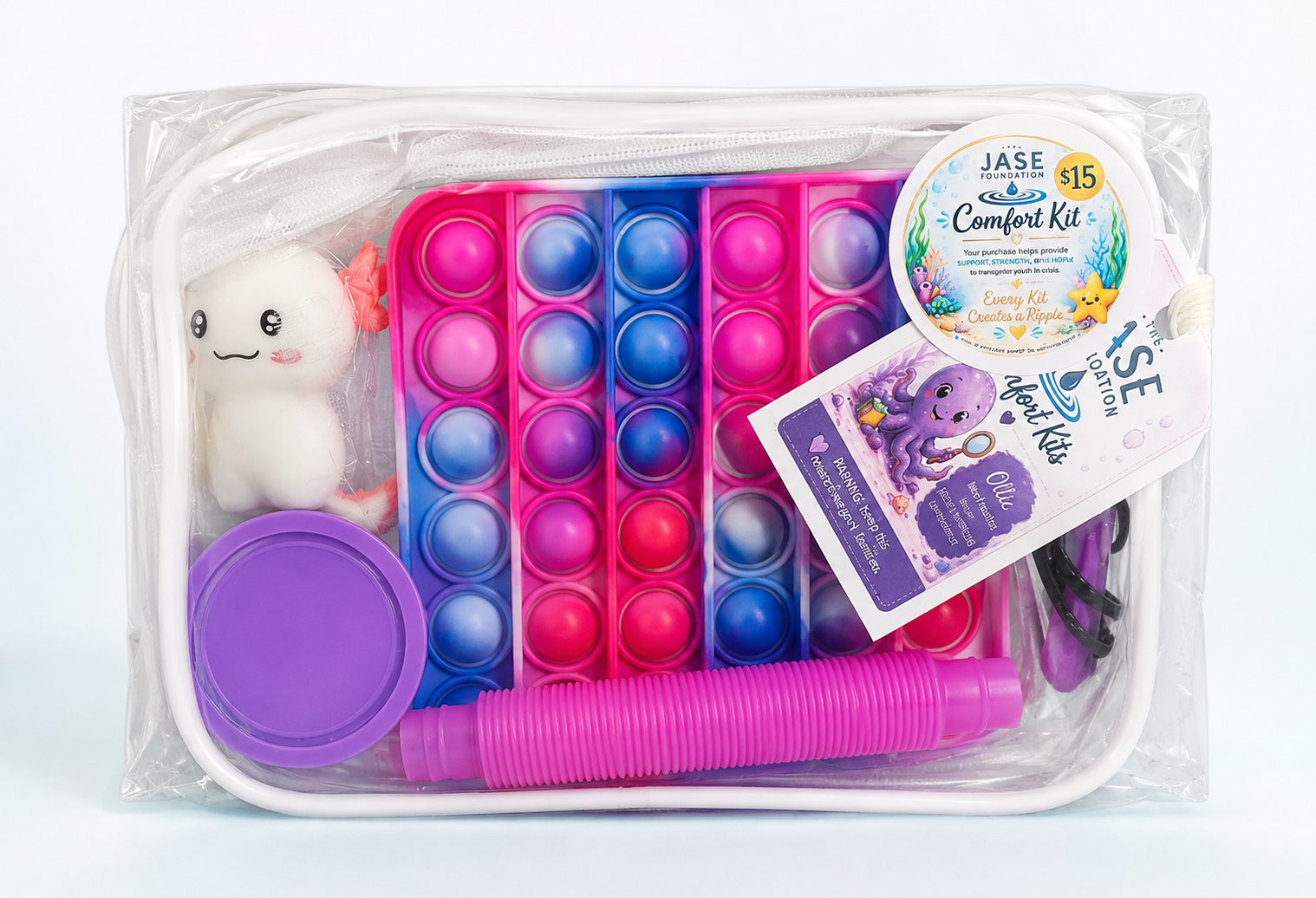 Pink, blue and purple JASE Comfort Kit featuring Ollie