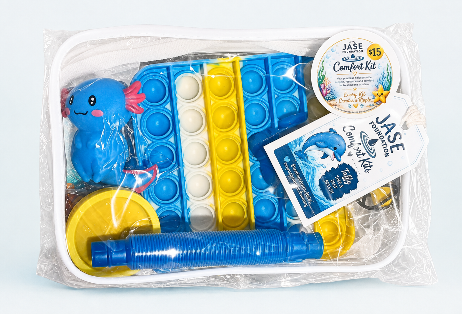 Blue, yellow and white JASE Comfort Kit featuring Taffy